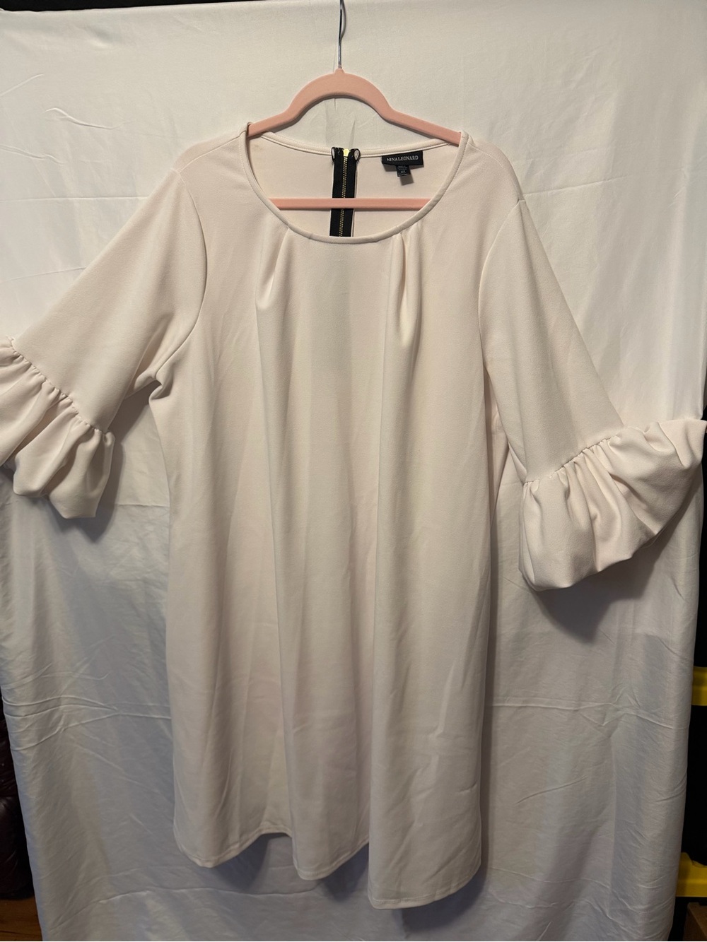 Nina Leonard Cream Ruffle-Sleeve Shift Dress